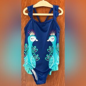 GYMBOREE - Girls One piece swimsuit blue peacock print (Size 5T)